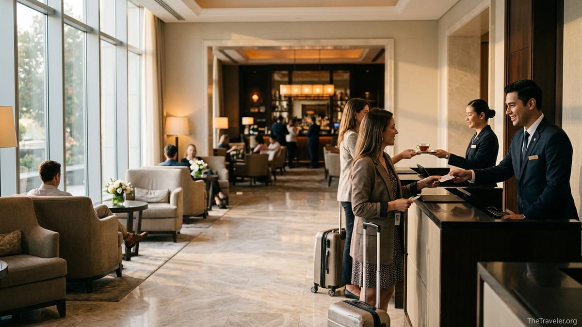 Candid scene of Ritz-Carlton lobby staff warmly assisting guests at check-in.