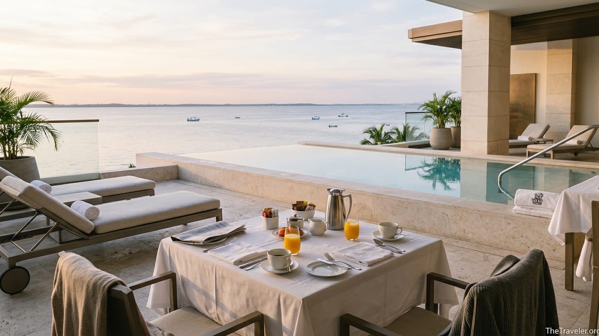 Oceanfront Ritz-Carlton terrace at sunrise with infinity pool and breakfast table overlooking calm bay.