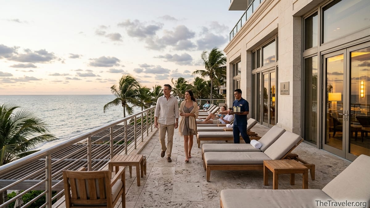 Guests walking across a Ritz-Carlton oceanfront terrace at sunset with staff nearby.