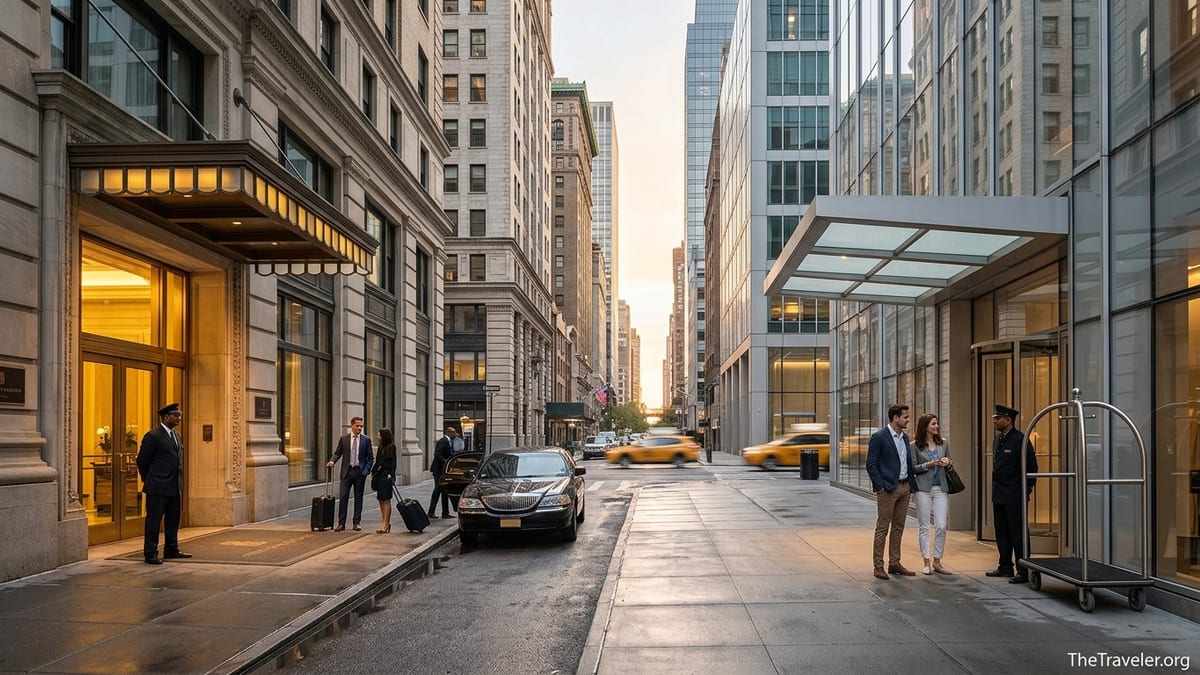 Street-level view of neighboring classic and modern luxury hotel entrances at sunset in New York City.