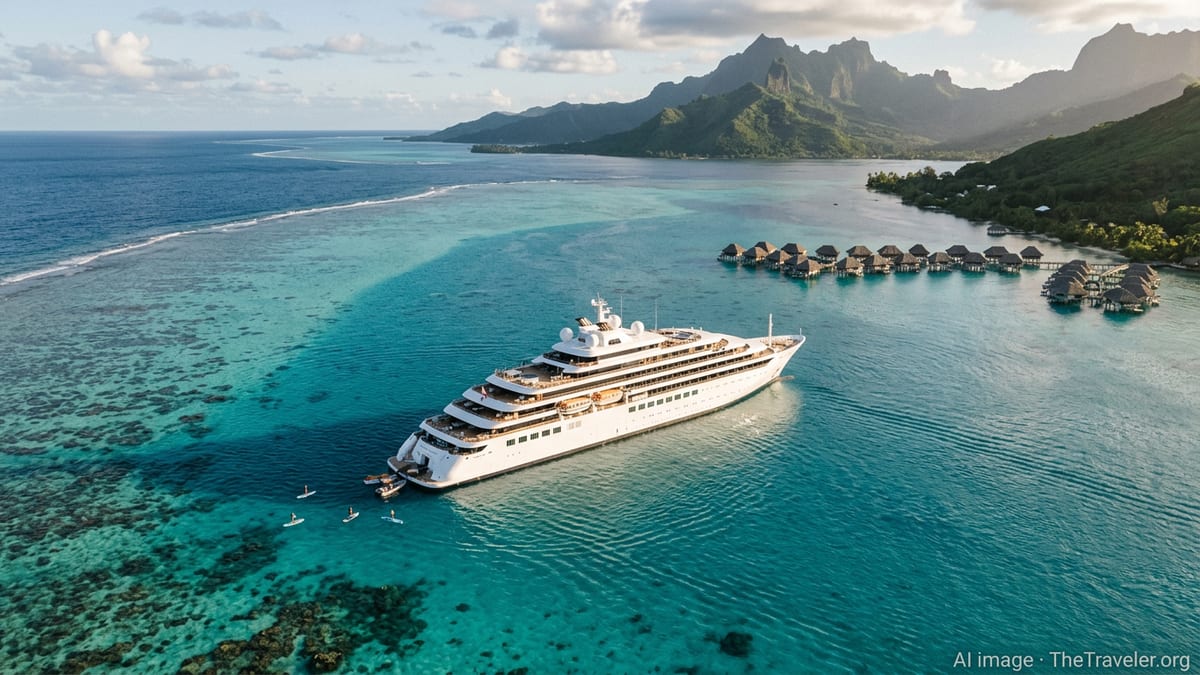Ritz-Carlton superyacht cruising through a turquoise lagoon near Bora Bora’s green volcanic peaks.