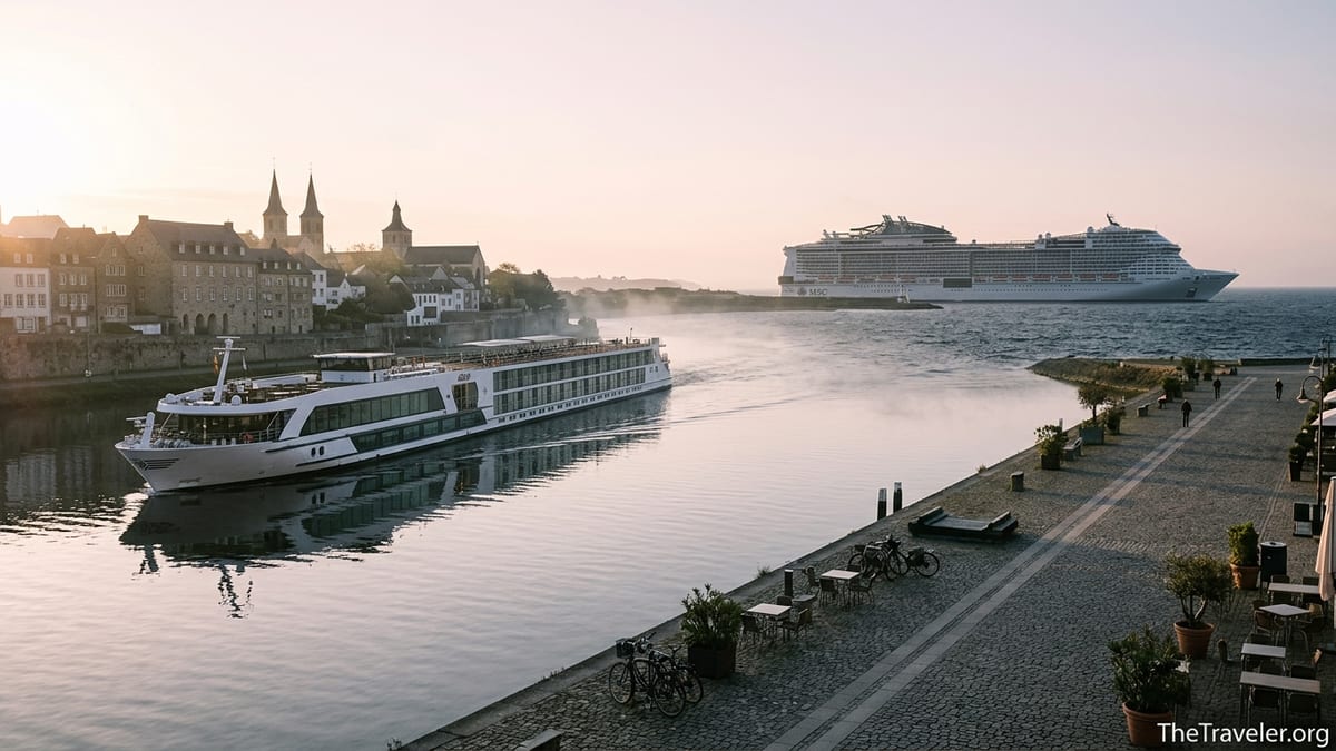 River cruise ship on a calm European river with a distant ocean liner near the coast at sunrise.