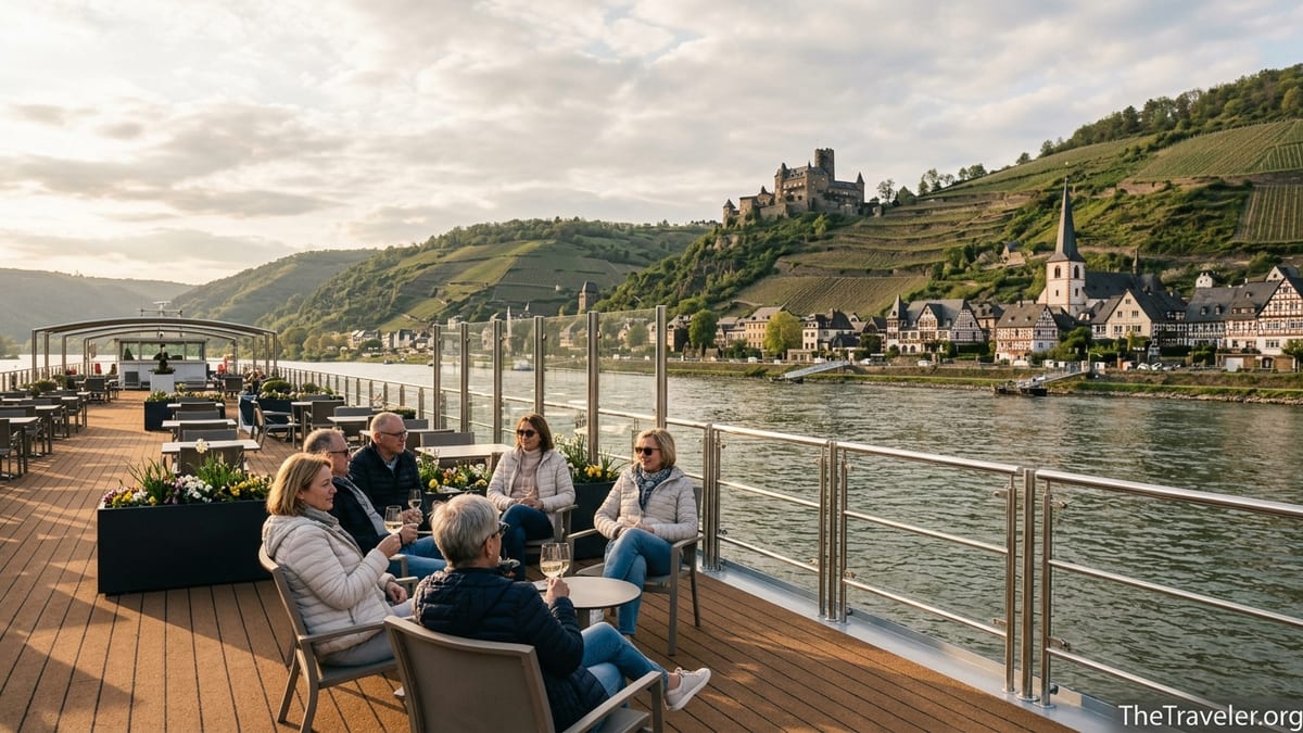Travelers relaxing on the sun deck of a river cruise ship passing vineyards and a castle on the Rhine at sunset.