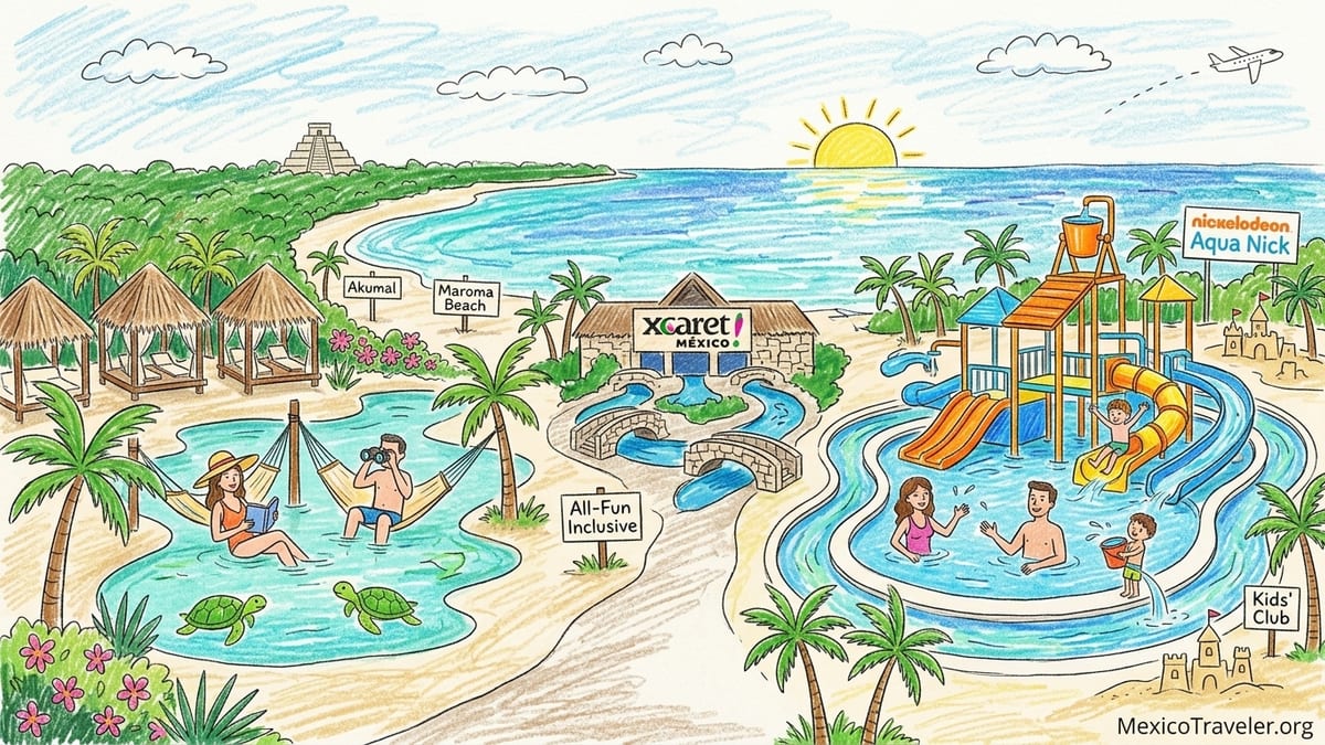 Aerial view of Riviera Maya all-inclusive resorts along a white sand Caribbean beach.