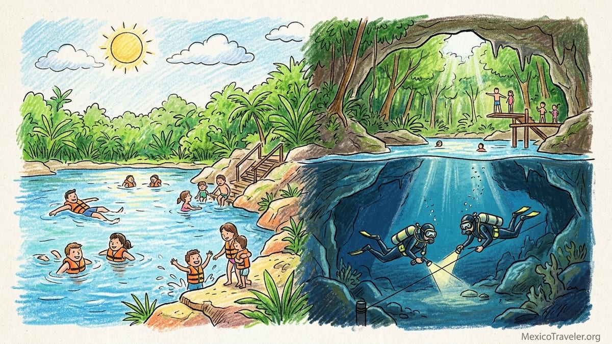Open-air cenote in Riviera Maya with turquoise water, jungle vegetation and swimmers floating near rocky ledges.