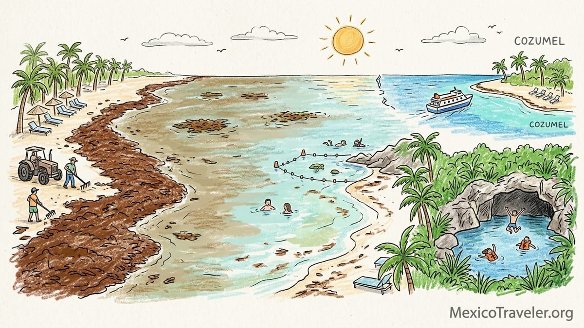 Riviera Maya beach with band of sargassum seaweed along the shore and tourists walking by