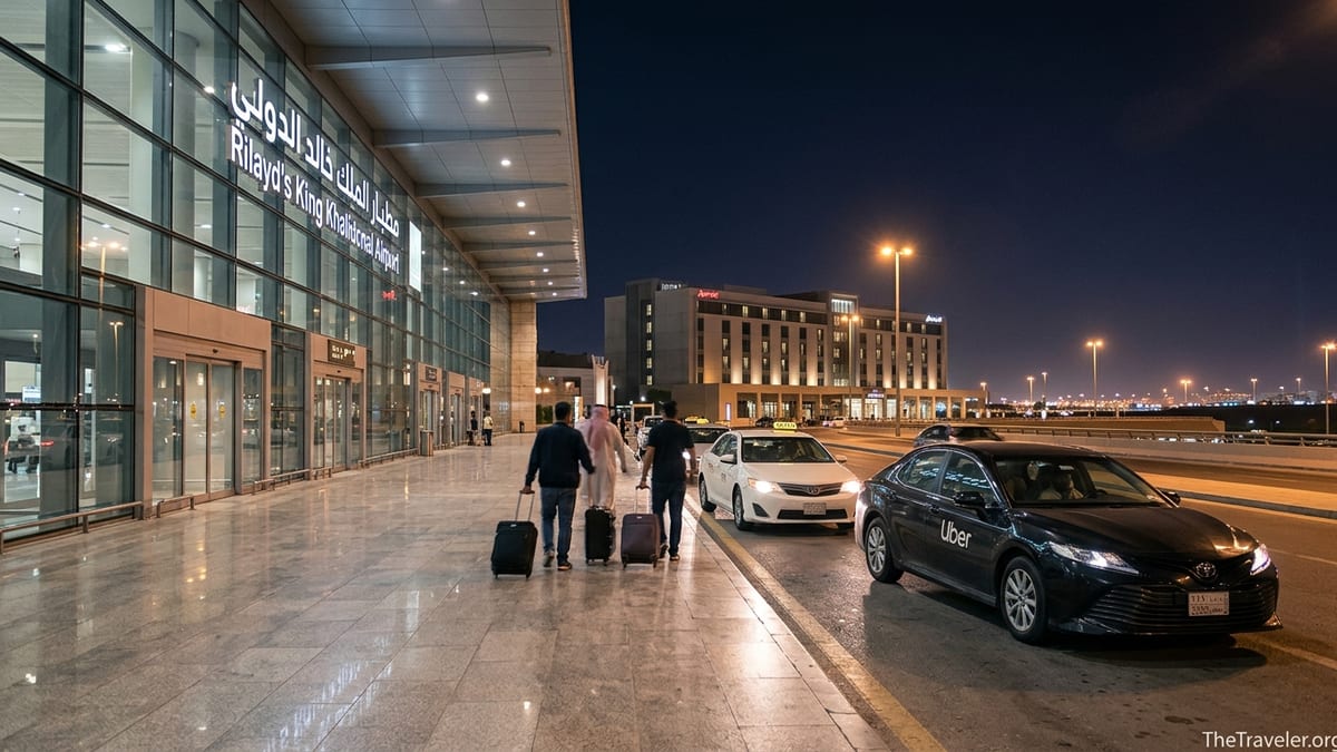 Night view of Riyadh airport terminal with nearby hotel and taxis waiting outside.