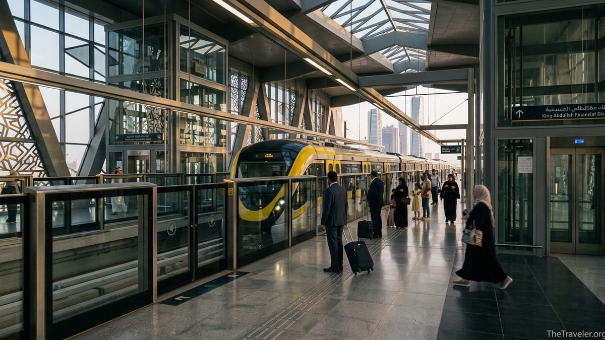 Yellow Line train arriving at KAFD station on Riyadh Metro with passengers and luggage