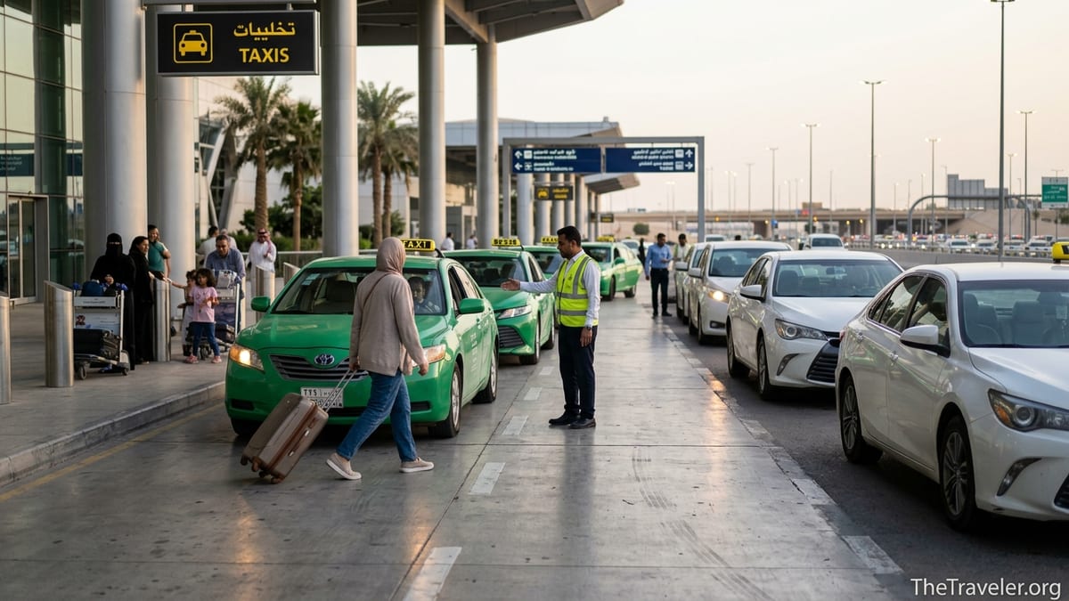 Travelers walking toward official green taxis at Riyadh airport arrivals taxi rank at sunset.