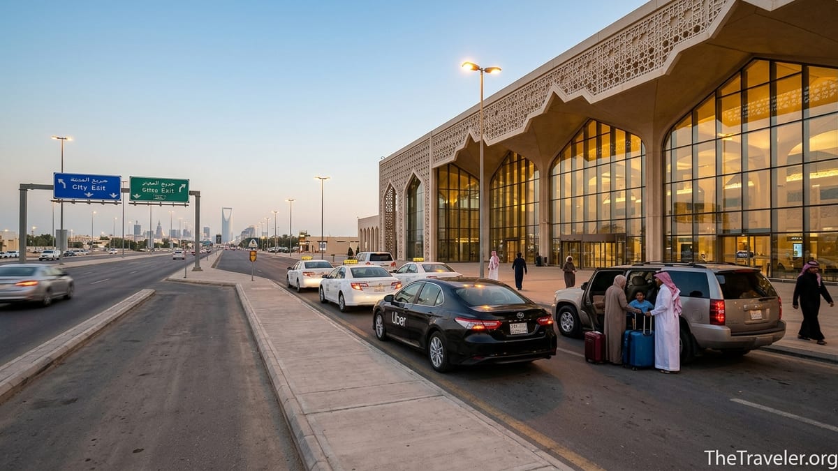 Taxi, rideshare and private cars waiting outside Riyadh King Khalid International Airport at dusk.