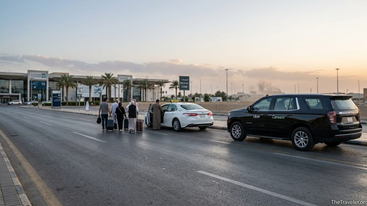 Taxis and rideshare cars waiting outside Riyadh airport pickup area at dusk.
