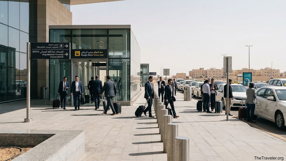 Business travelers exiting Riyadh airport toward the metro and taxi area for KAFD transfers.