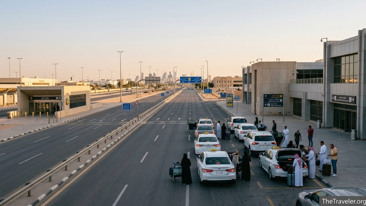 Taxi and ride‑hail pickup area at Riyadh airport with cars heading toward Olaya skyline at dusk.