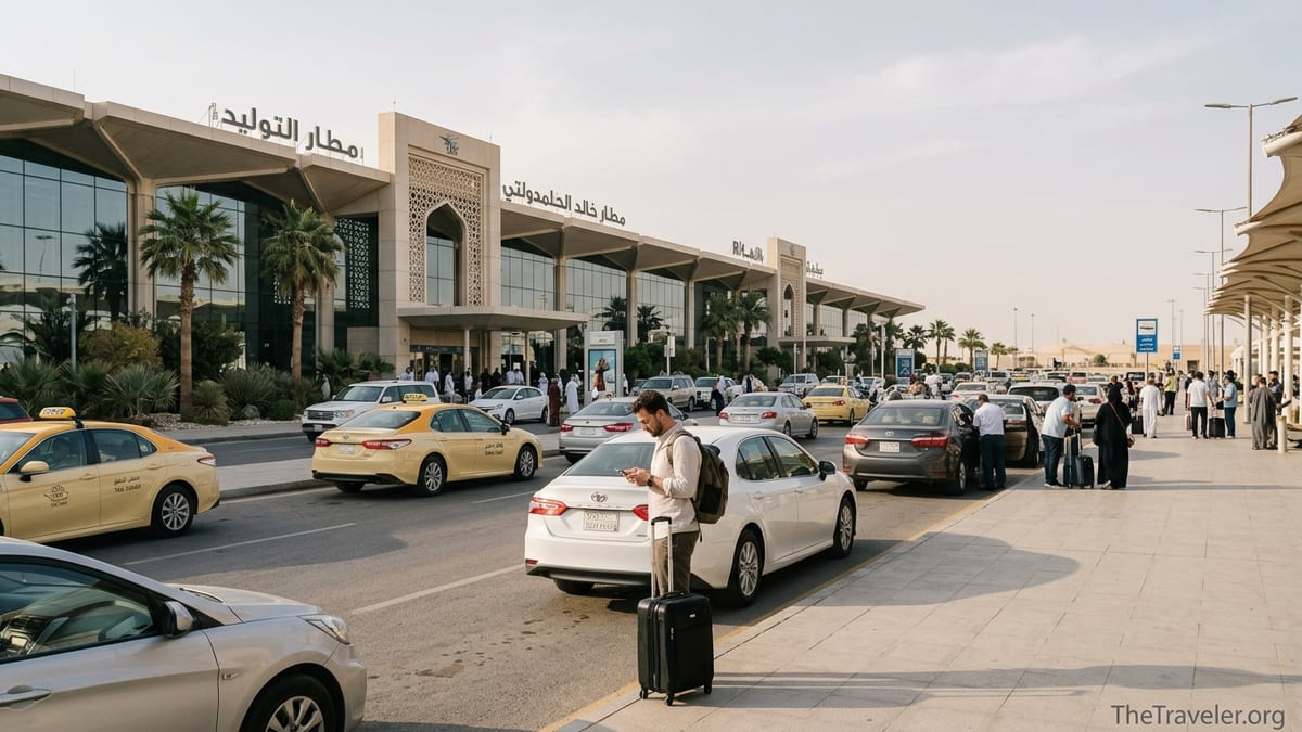 Traveler using a rideshare app at Riyadh King Khalid International Airport arrivals curb.