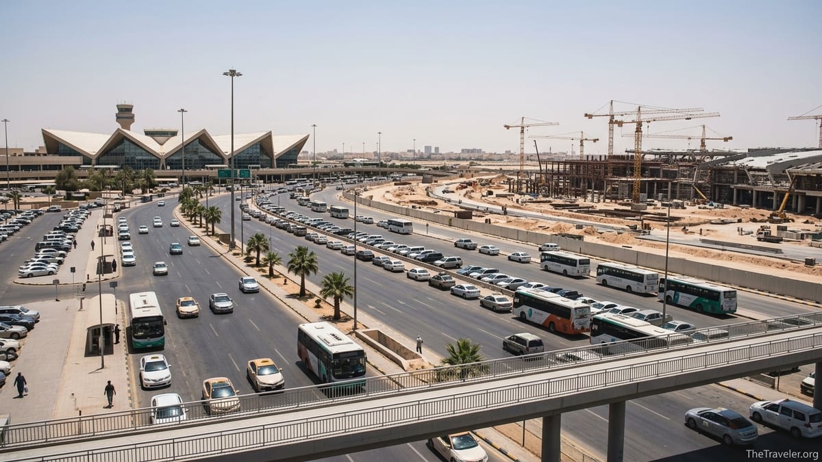 View of Riyadh’s current airport with terminals and cranes building the future King Salman expansion.