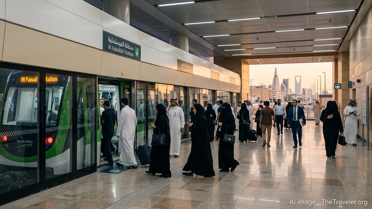 Crowds board a driverless Riyadh Metro train at a modern station in the evening.