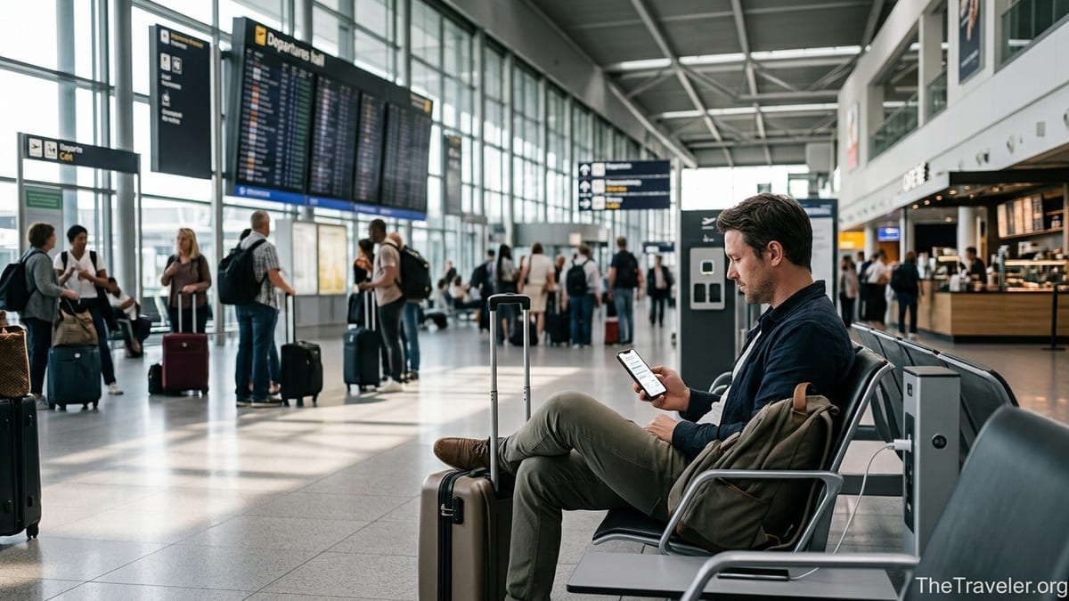 Traveler in an airport checking mobile eSIM data on a smartphone before an international flight.