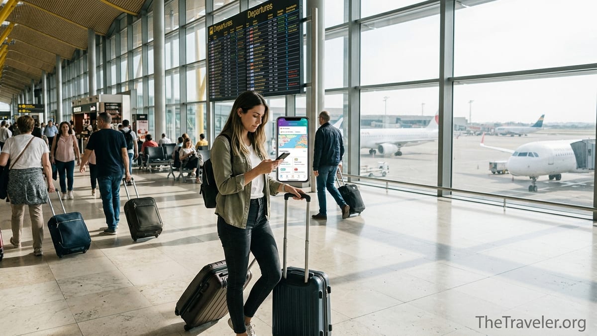 Traveler in airport checking roaming eSIM app on phone near departure gate.