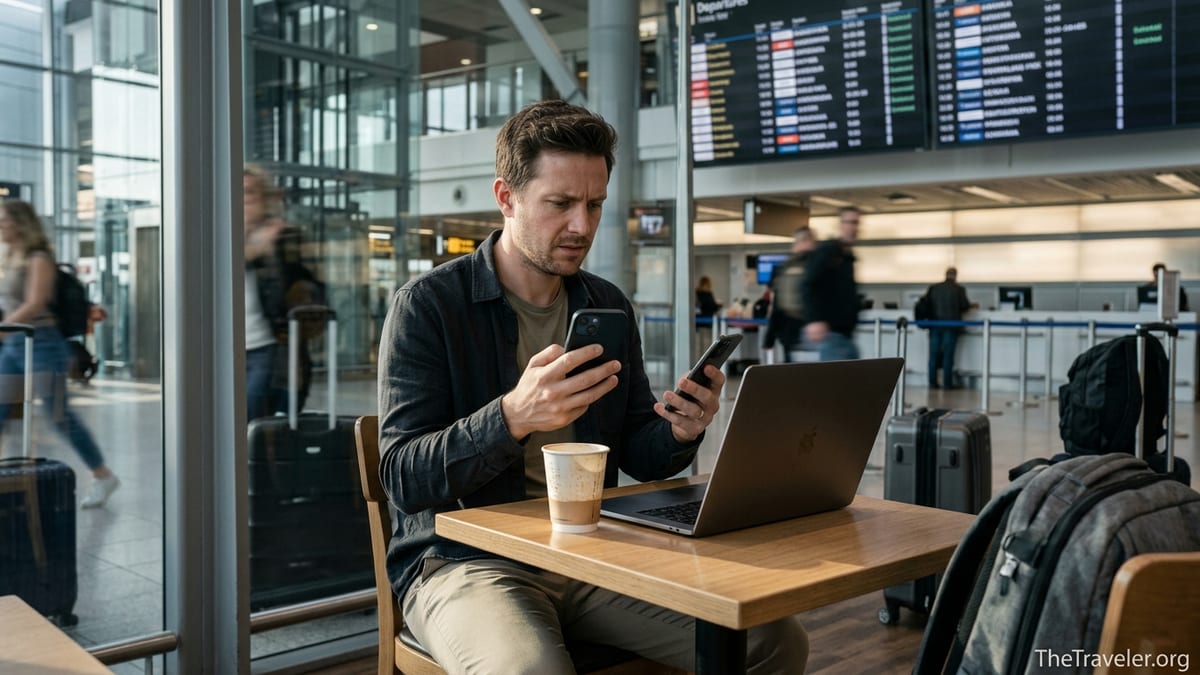 Traveler at an airport cafe checking eSIM settings on two phones with laptop open.
