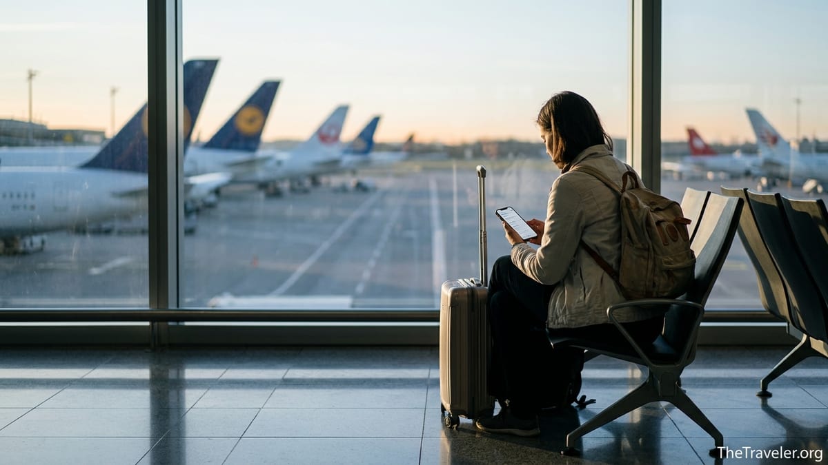 Traveler at an airport window checking mobile data on a smartphone before an international flight.