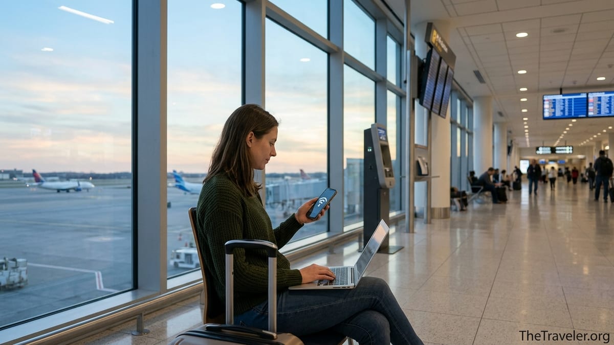 Traveler using phone and laptop at airport window, managing mobile data before a flight.