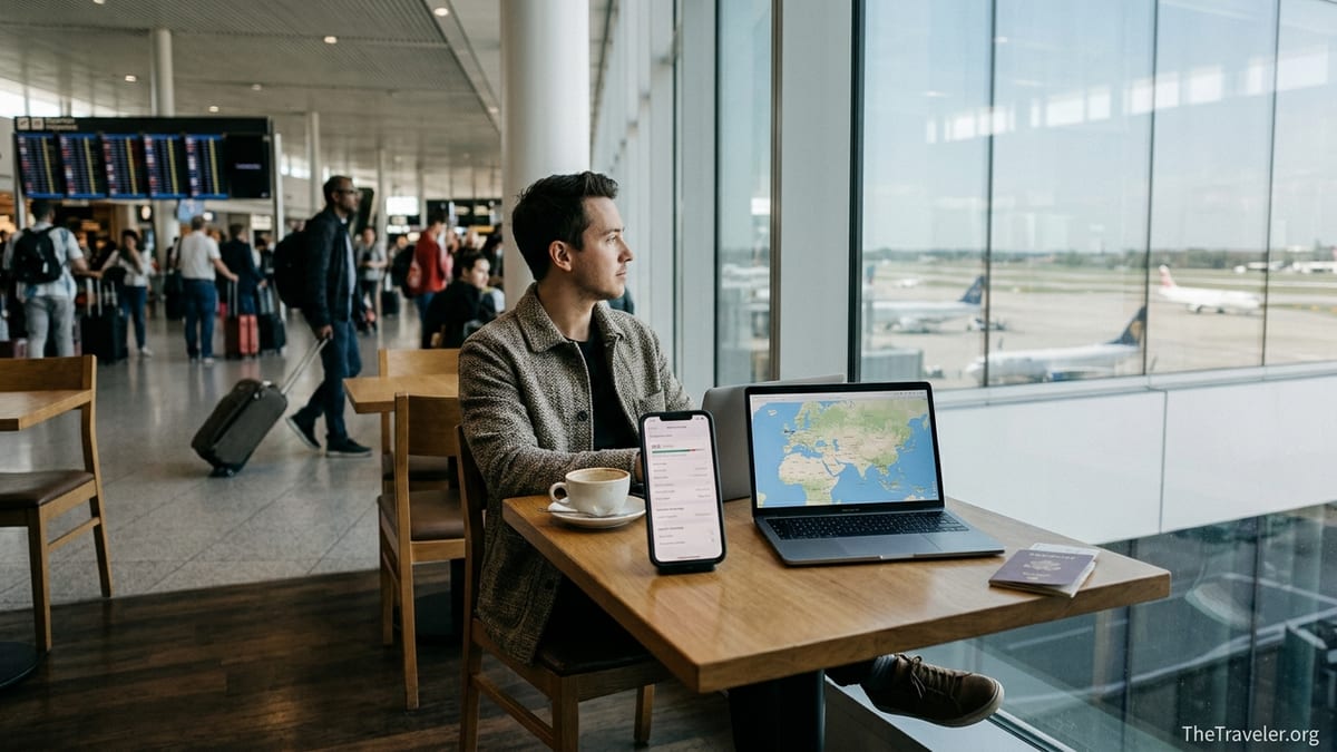 Traveler at airport café comparing roaming options on smartphone and laptop.