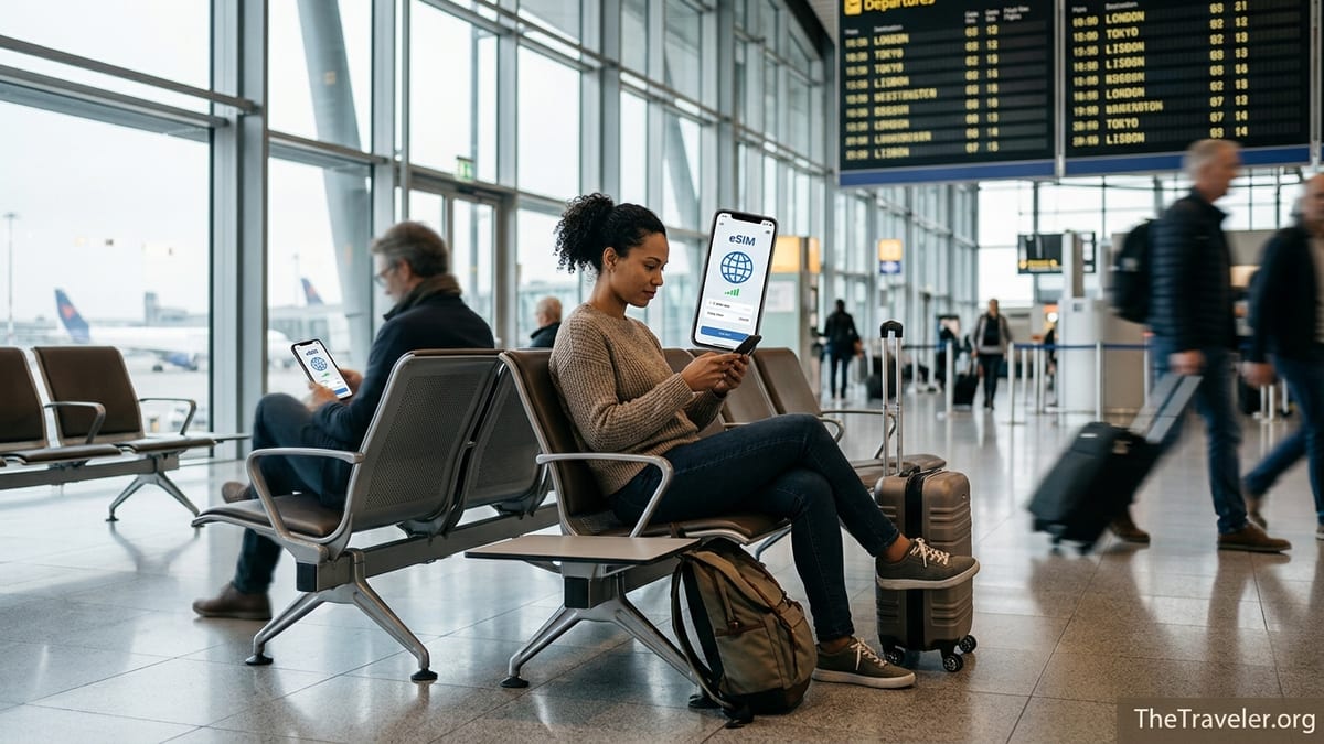 Traveler in airport comparing eSIM apps on phone before an international flight
