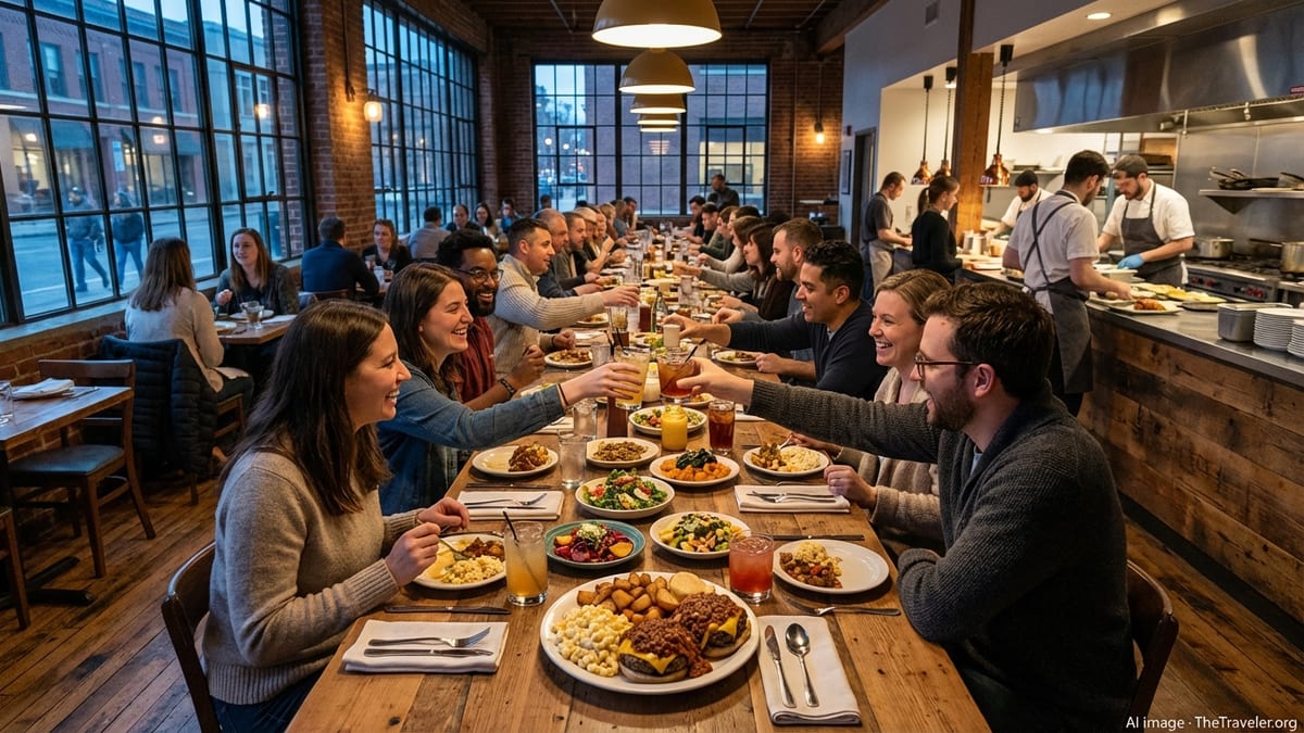 Busy Rochester restaurant with diners sharing plates at a long wooden table under warm pendant lights.