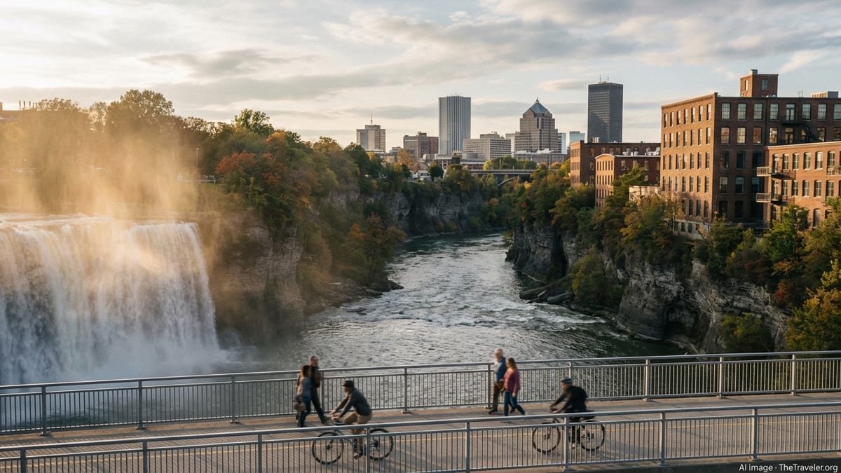 High Falls on the Genesee River with Rochester skyline and historic brick mills at sunset.