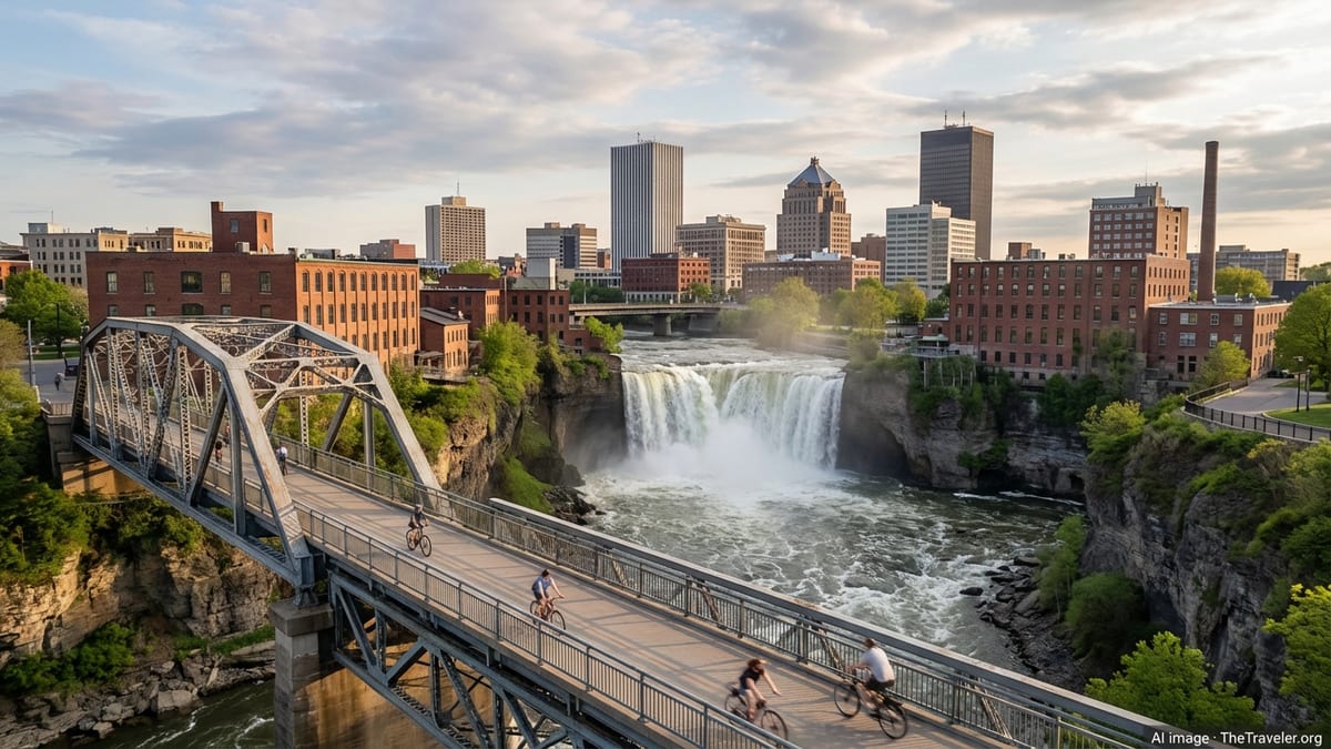 High Falls and Rochester skyline seen from the Pont de Rennes pedestrian bridge at golden hour.