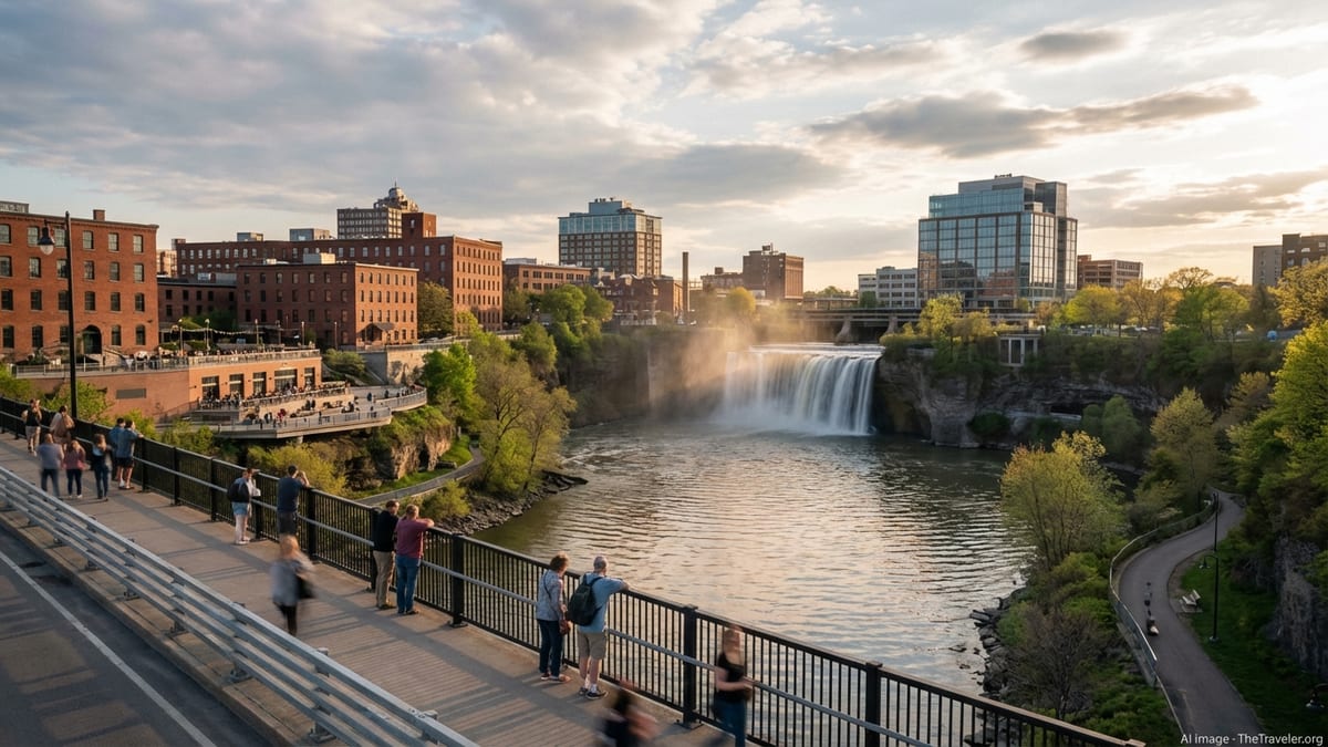 View of Rochester’s High Falls and downtown skyline along the Genesee River at golden hour.