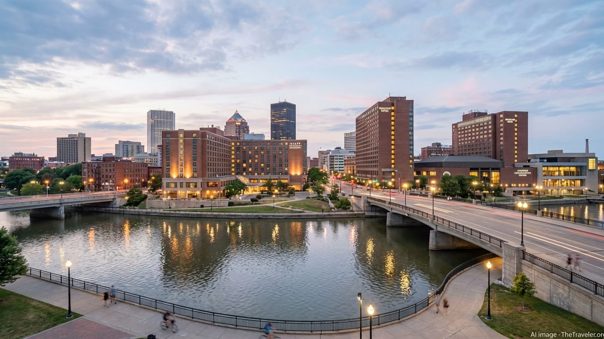 Evening view of downtown Rochester hotels and buildings reflecting in the Genesee River.