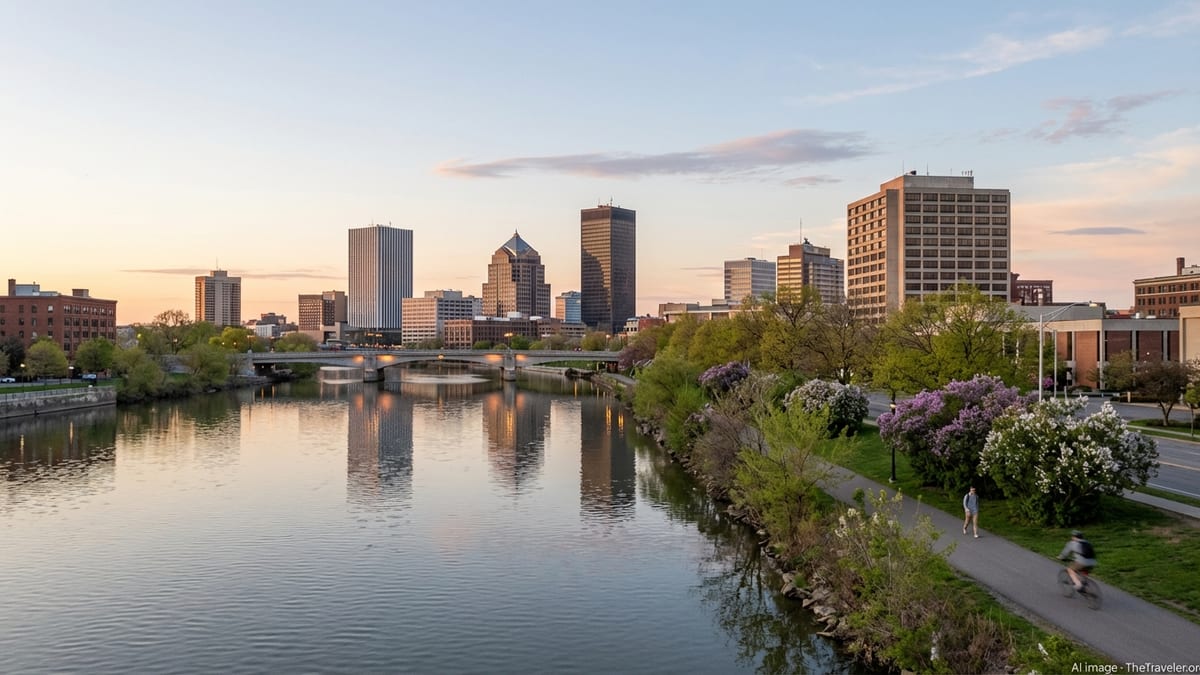Early evening view of downtown Rochester, New York skyline along the Genesee River in soft spring light.