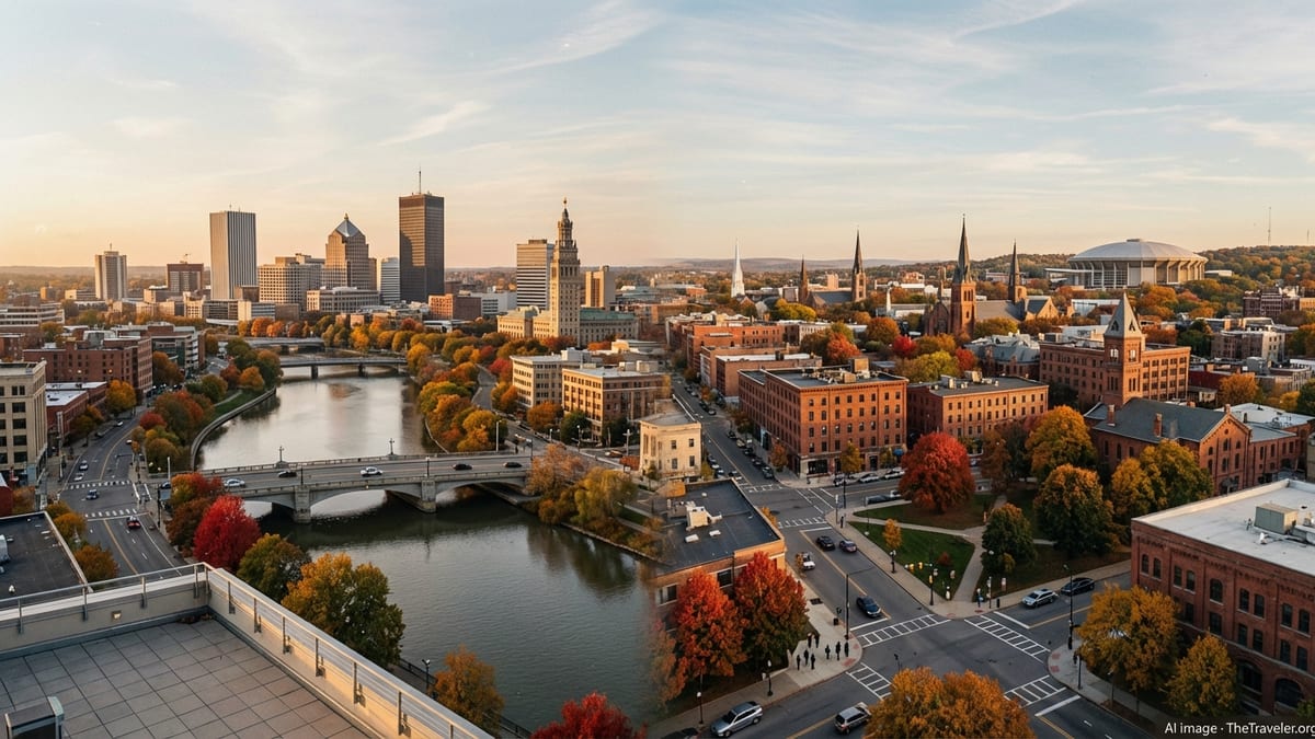 Autumn cityscapes of Rochester and Syracuse skylines with fall foliage at sunset.