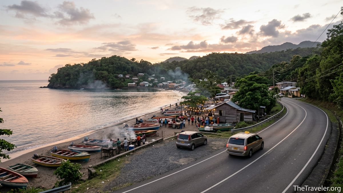 Taxi driving the coastal road above Anse La Raye at sunset with fish fry starting on the waterfront below.