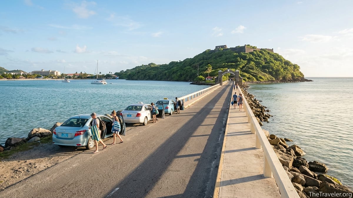 View of taxis and walkers on the causeway between Rodney Bay and Pigeon Island in Saint Lucia.