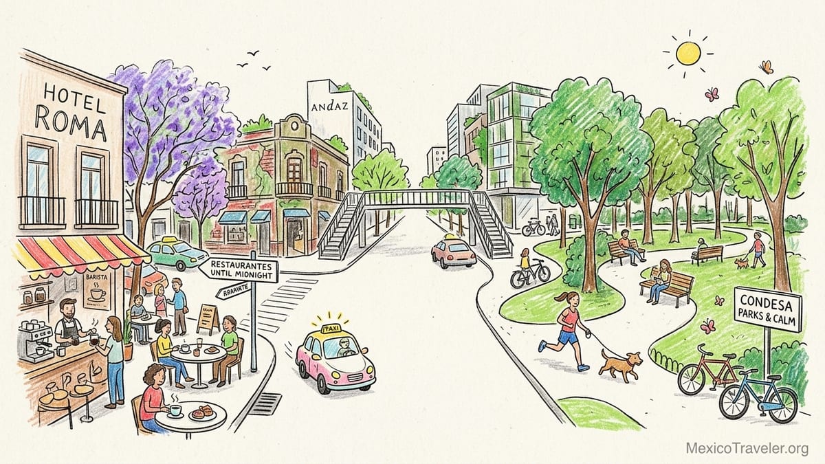 Street café and tree-lined avenue showing Roma, Condesa greenery, and Polanco polish in Mexico City.