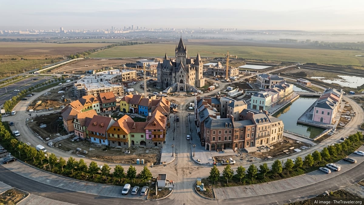 Aerial view of Romania’s emerging Dracula Land resort site near Bucharest at sunset, with a central castle and themed village