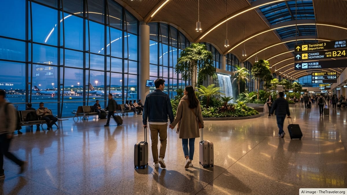 Couple walking hand in hand through a modern airport terminal toward large runway windows at dusk.