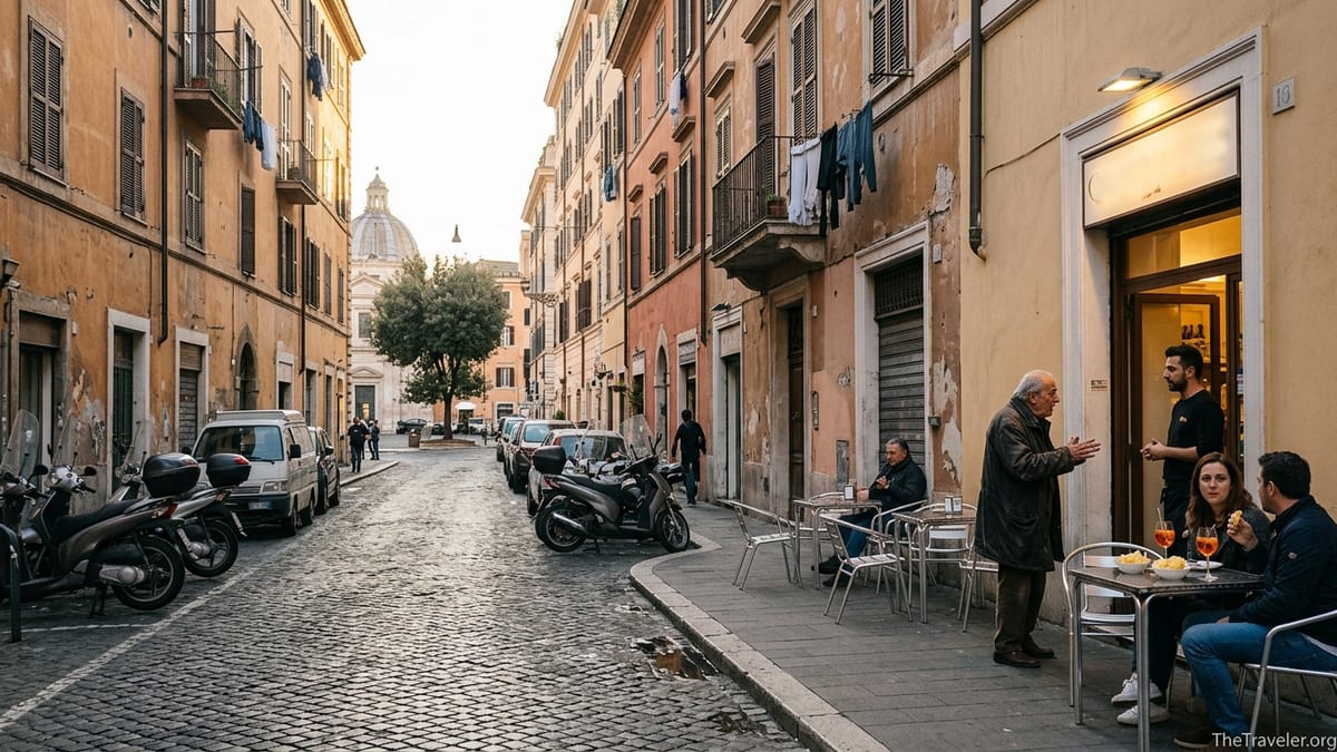 Early evening street in a Roman neighborhood with locals at a corner bar and scooters along a cobbled lane.