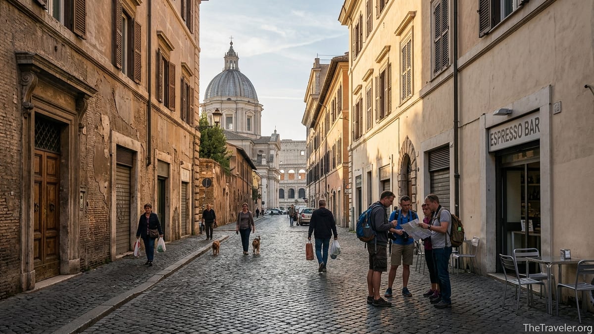 Early morning cobblestone street in Rome with locals, tourists and distant dome in warm light.