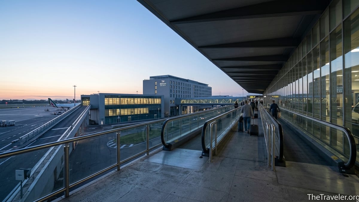 Covered walkway linking Rome Fiumicino Airport to Hilton Rome Airport hotel at dawn.