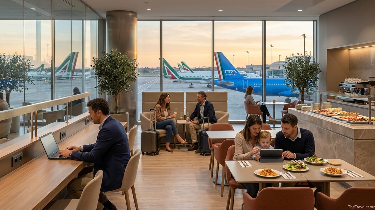 Travelers relaxing in a modern lounge at Rome Fiumicino Airport with planes outside the windows.
