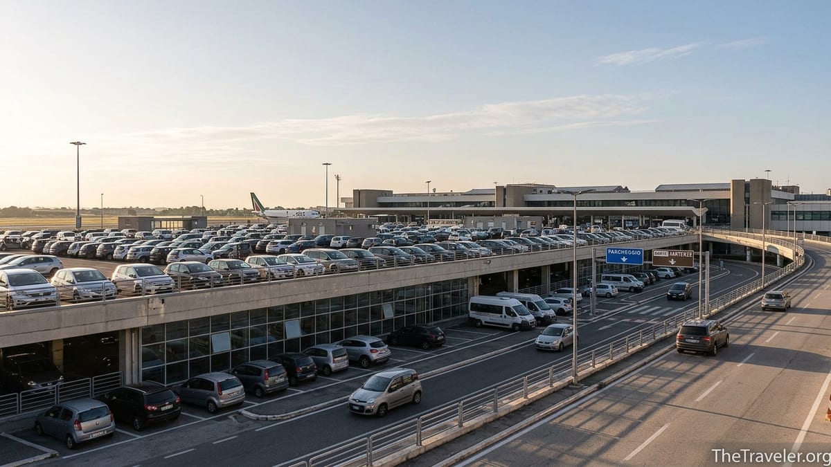 View of Rome Fiumicino Airport multistorey parking garage at sunrise with cars and terminal in the background.