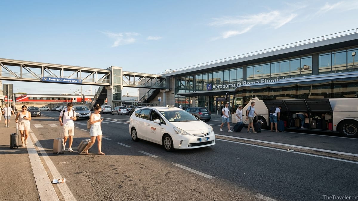 Taxis, bus and train access outside Rome Fiumicino Airport on a sunny afternoon