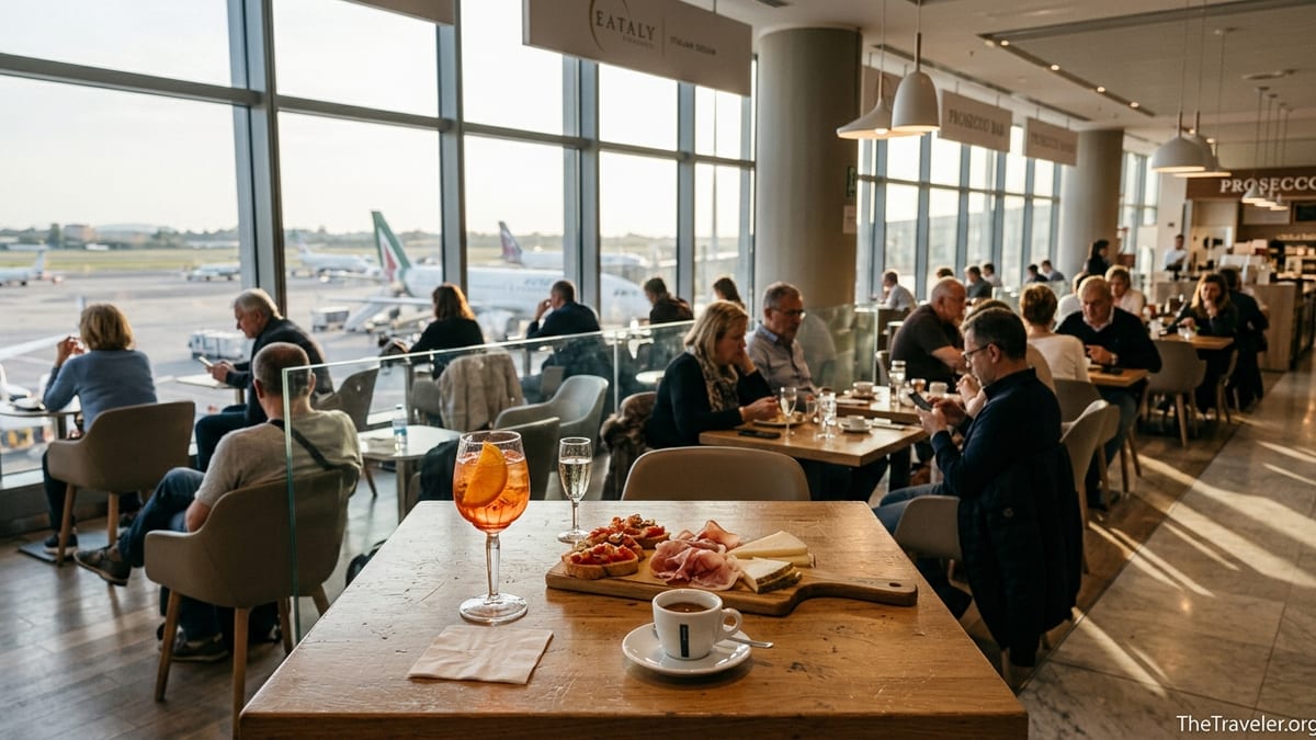 Travelers dining at a bright restaurant in Rome Fiumicino Airport with runway views.