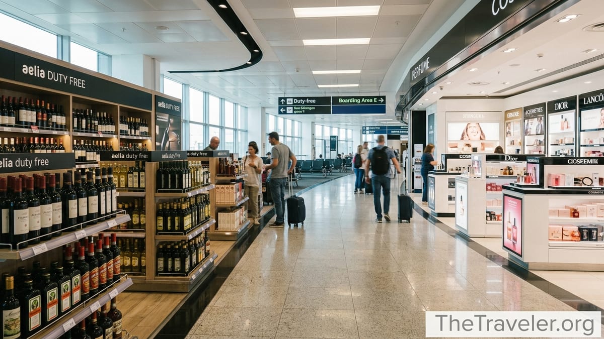 Travelers shopping in the Aelia Duty Free walkthrough at Rome Fiumicino Airport Terminal 3.