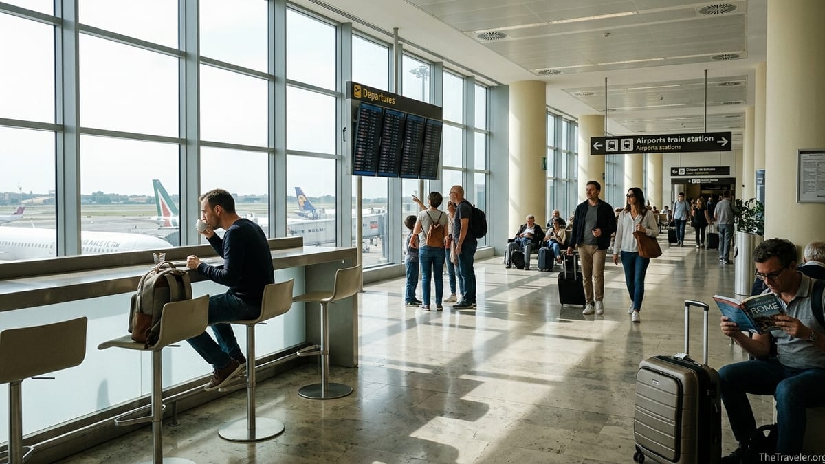 Travelers relaxing and walking in a bright waiting area at Rome Fiumicino Airport with planes visible through large windows.