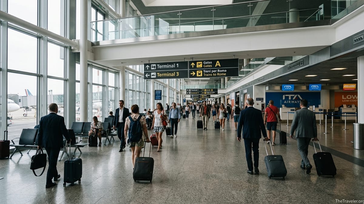 Travelers walking between Terminal 1 and Terminal 3 at Rome Fiumicino Airport