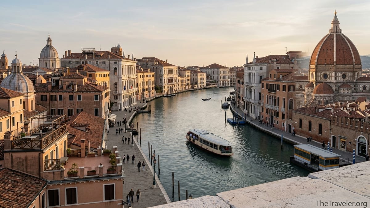Evening view over Italian city rooftops leading to Venice’s Grand Canal with boats.